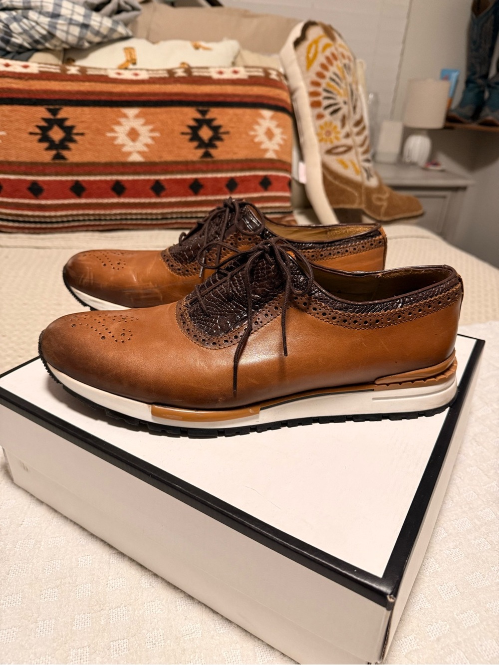 Men's Tan Leather Wingtip Sneakers with Dark Brown Trim